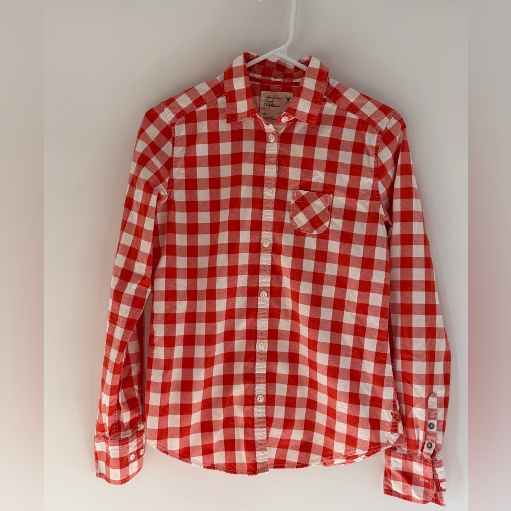 American Eagle Outfitters Women’s Size 4 Orange White Gingham Button Down Shirt